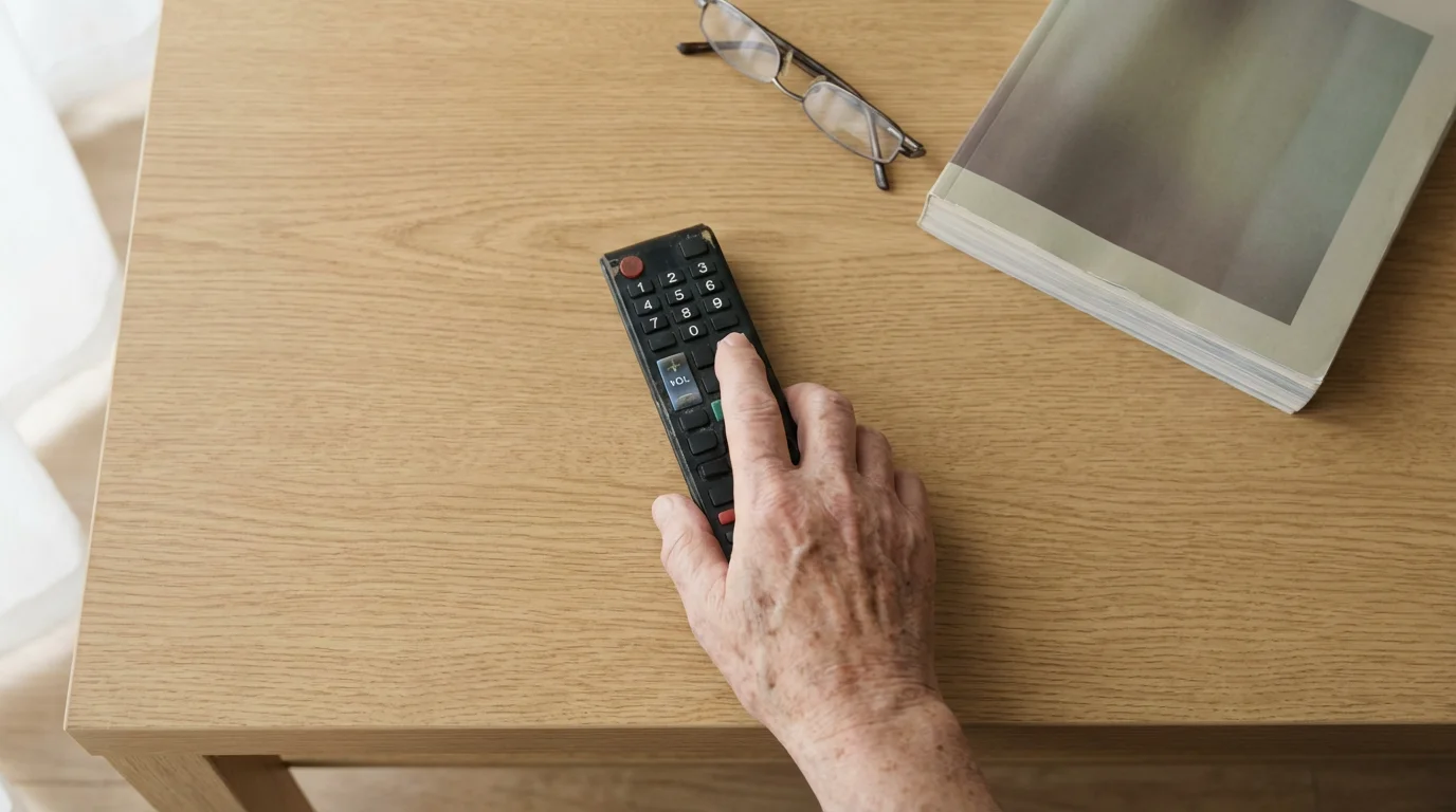 A senior's hand reaching for a TV remote on a wooden coffee table.