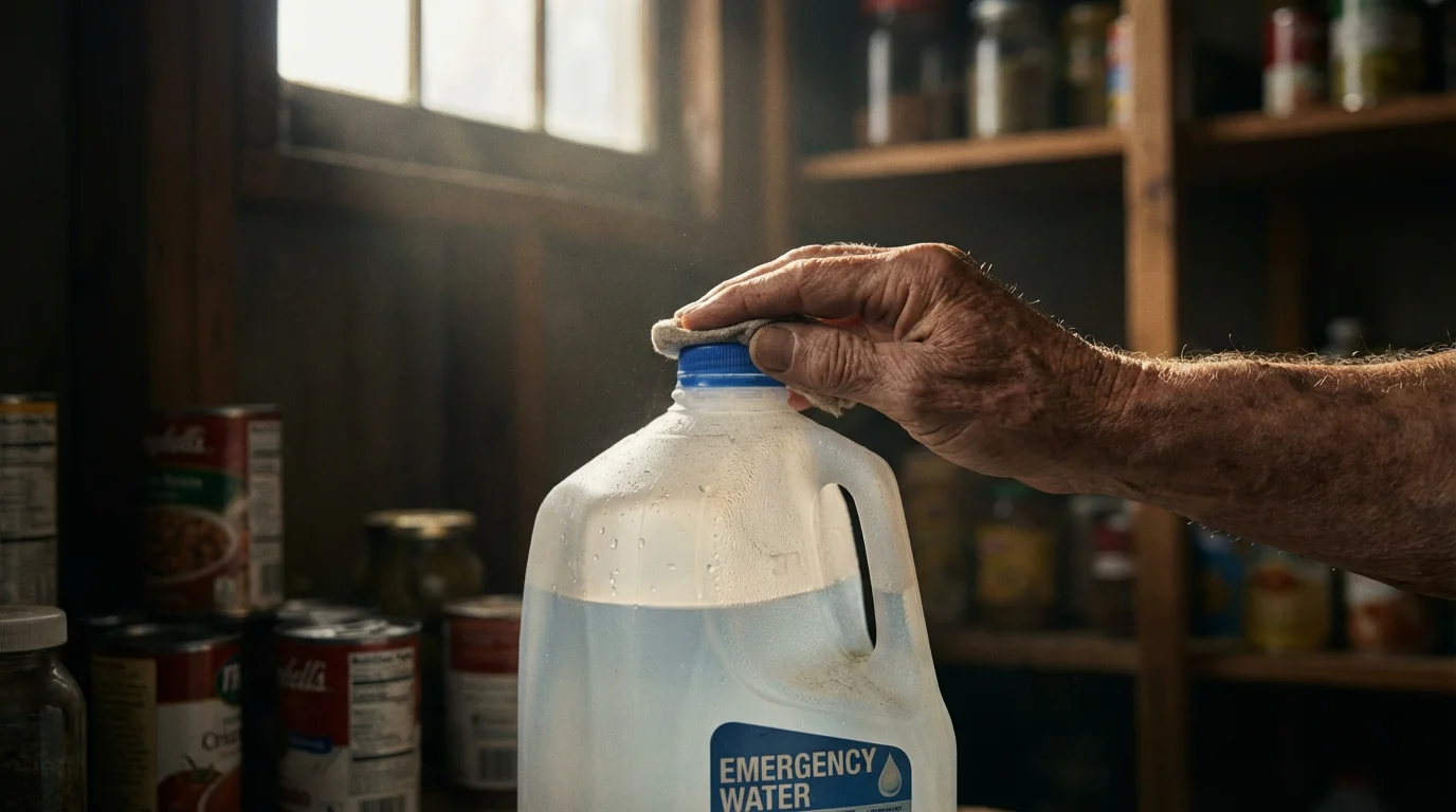 A senior's hand wiping dust off a gallon jug of emergency water in a pantry.