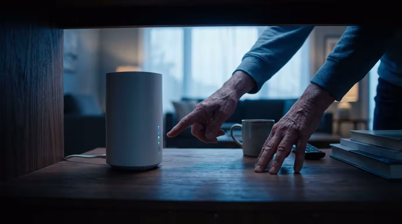 A senior's hands pointing to the indicator lights on a Wi-Fi router during twilight.