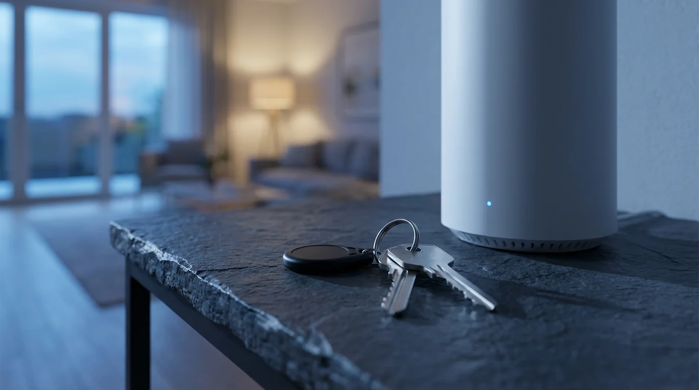 A set of house keys rests next to a modern Wi-Fi router, symbolizing network security.