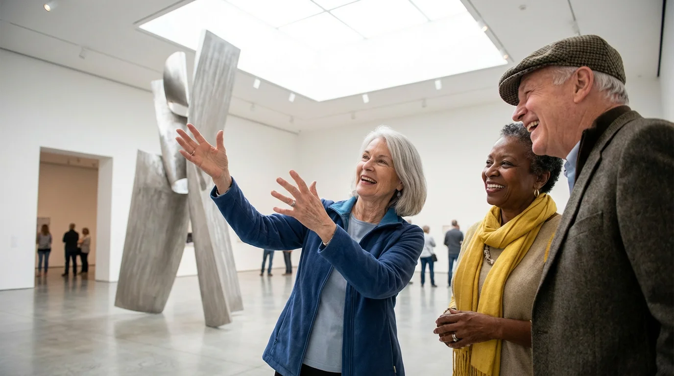 A small group of diverse seniors cheerfully discussing a sculpture in a modern art museum.