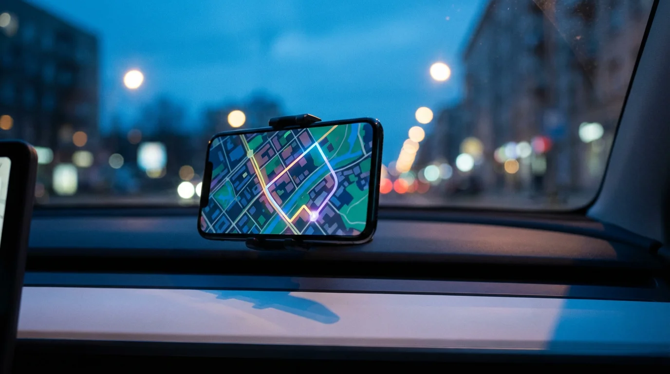 A smartphone mounted on a car dashboard showing a GPS map at dusk.