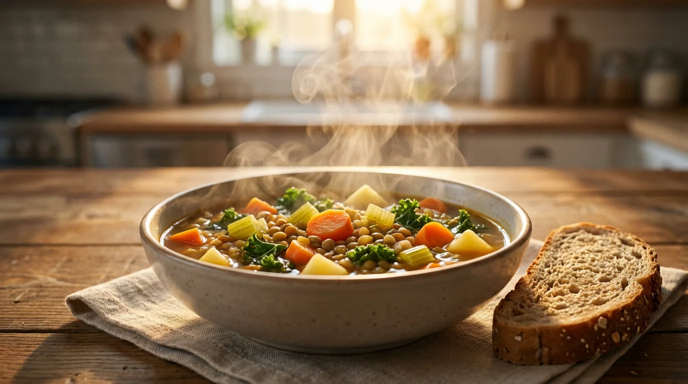 A steaming bowl of healthy vegetable lentil soup on a wooden table at sunset.