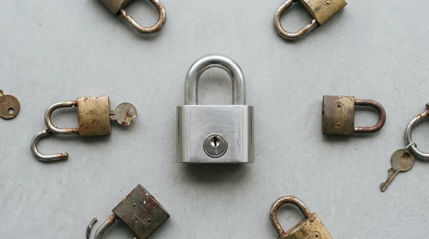 A strong, modern padlock surrounded by weak, old, and broken locks on a surface.
