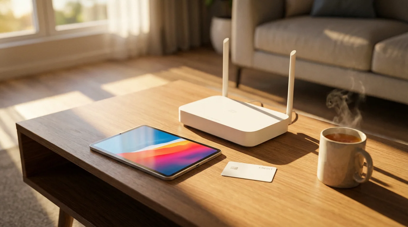A tablet, Wi-Fi router, and credit card on a coffee table for streaming.