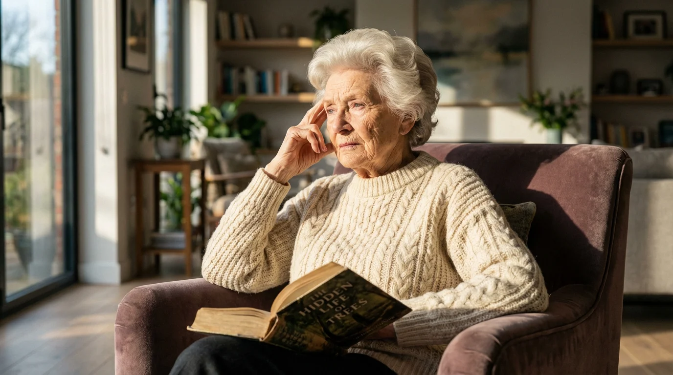 A thoughtful senior woman sitting in an armchair, touching her temple in a quiet room.