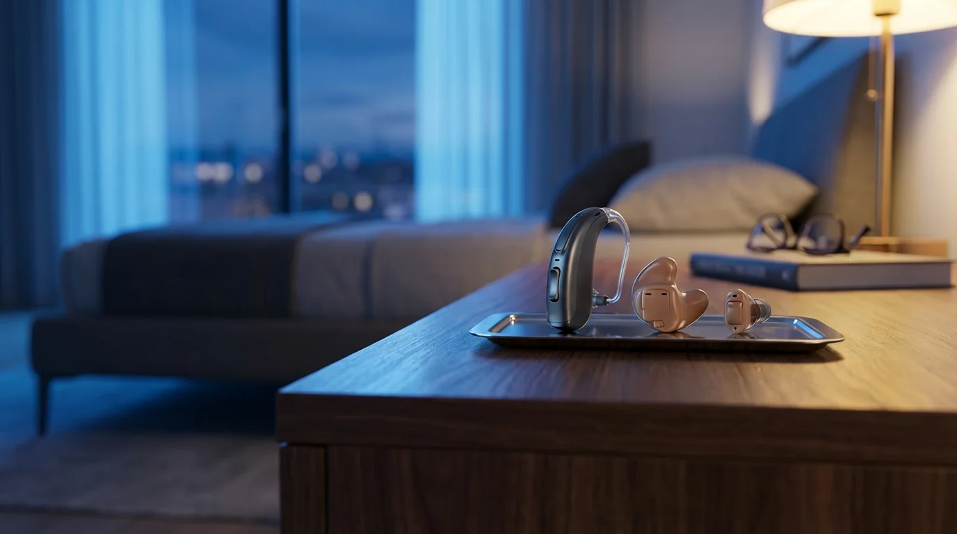 A variety of modern hearing aid models displayed on a wood table during blue hour.