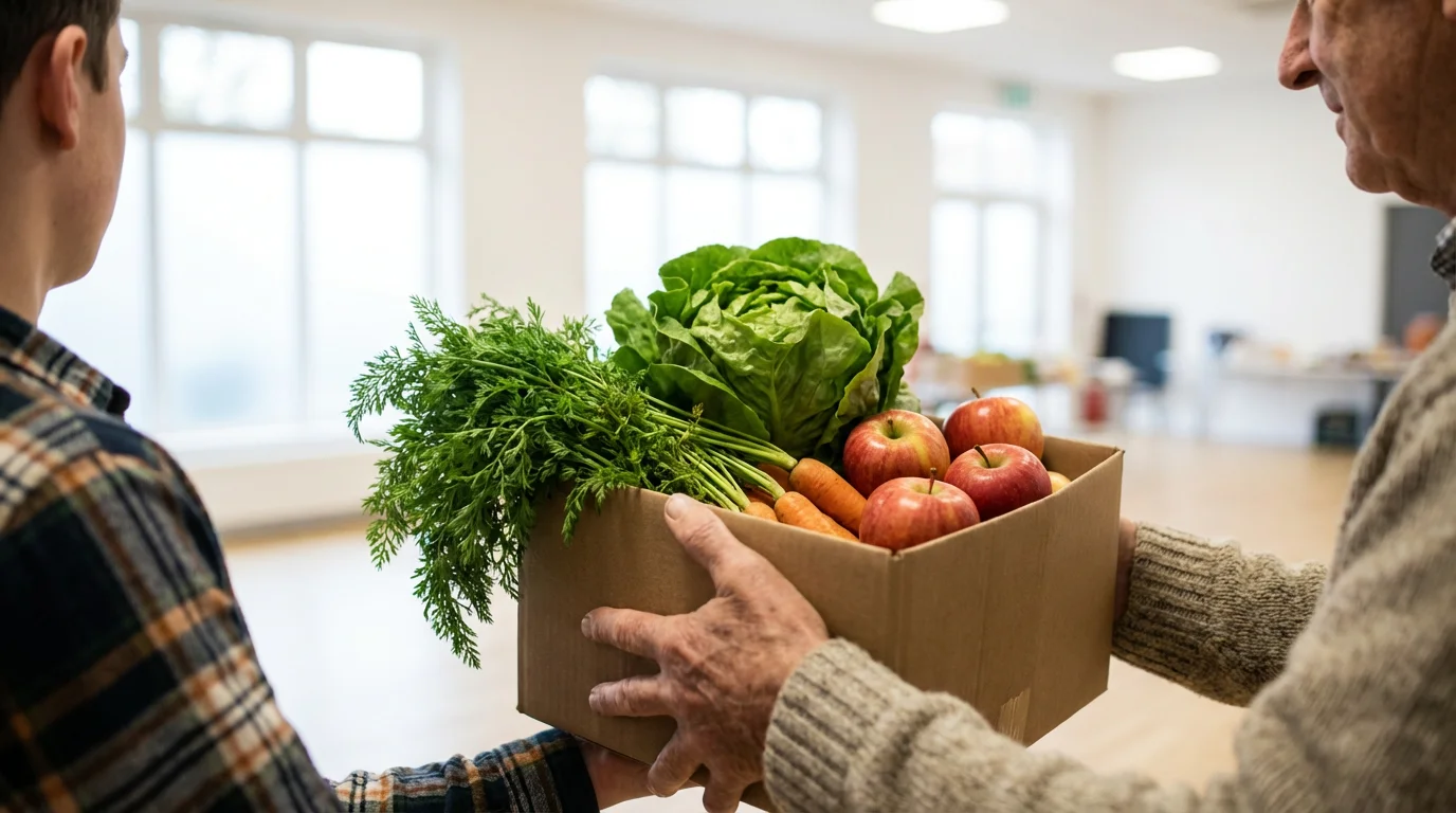 A volunteer gives a senior citizen a box of fresh fruits and vegetables.