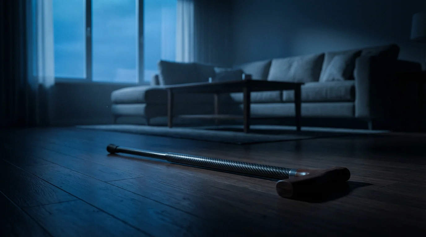 A walking cane lying on a dark living room floor, representing a common trip hazard.