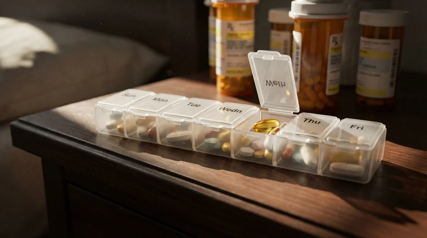 A weekly pill organizer on a wooden surface with prescription medication bottles blurred behind.