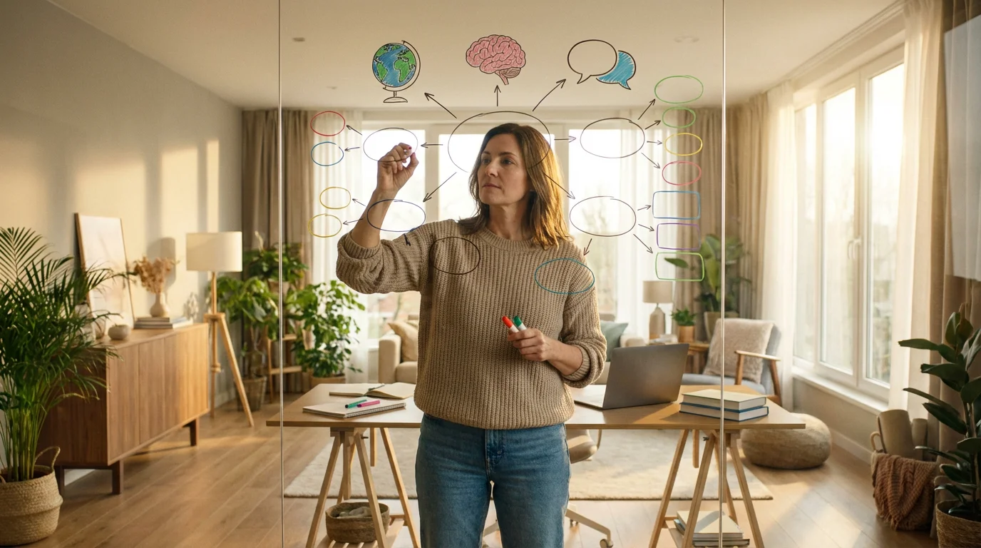 A woman draws a colorful mind map on a glass wall in a sunny office.