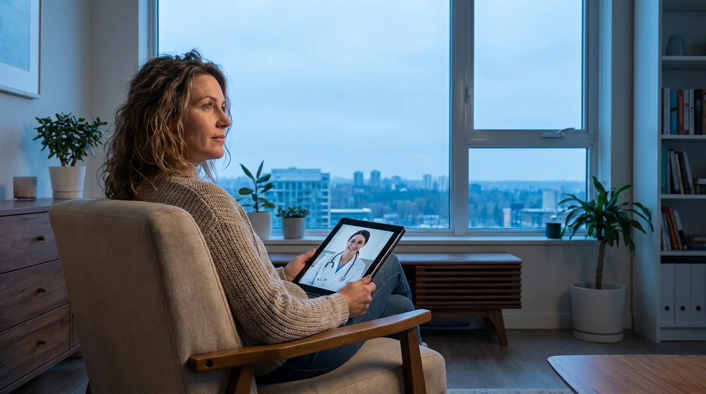 A woman has a telehealth video appointment with her doctor from her living room at dusk.