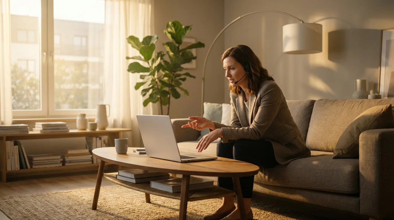 A woman sitting on a sofa in a sunlit living room having a telehealth appointment.