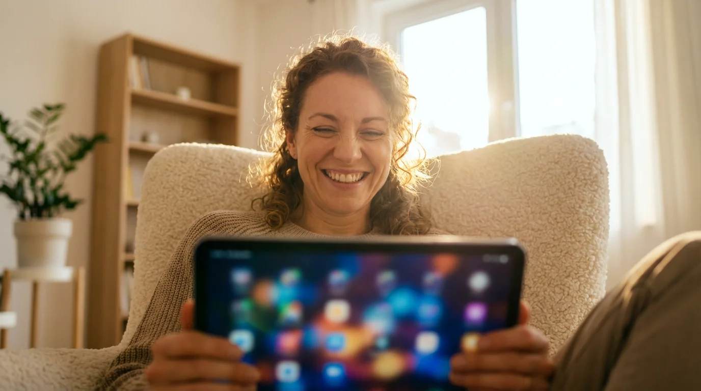 A woman smiles happily while on a video call on her tablet during sunset.