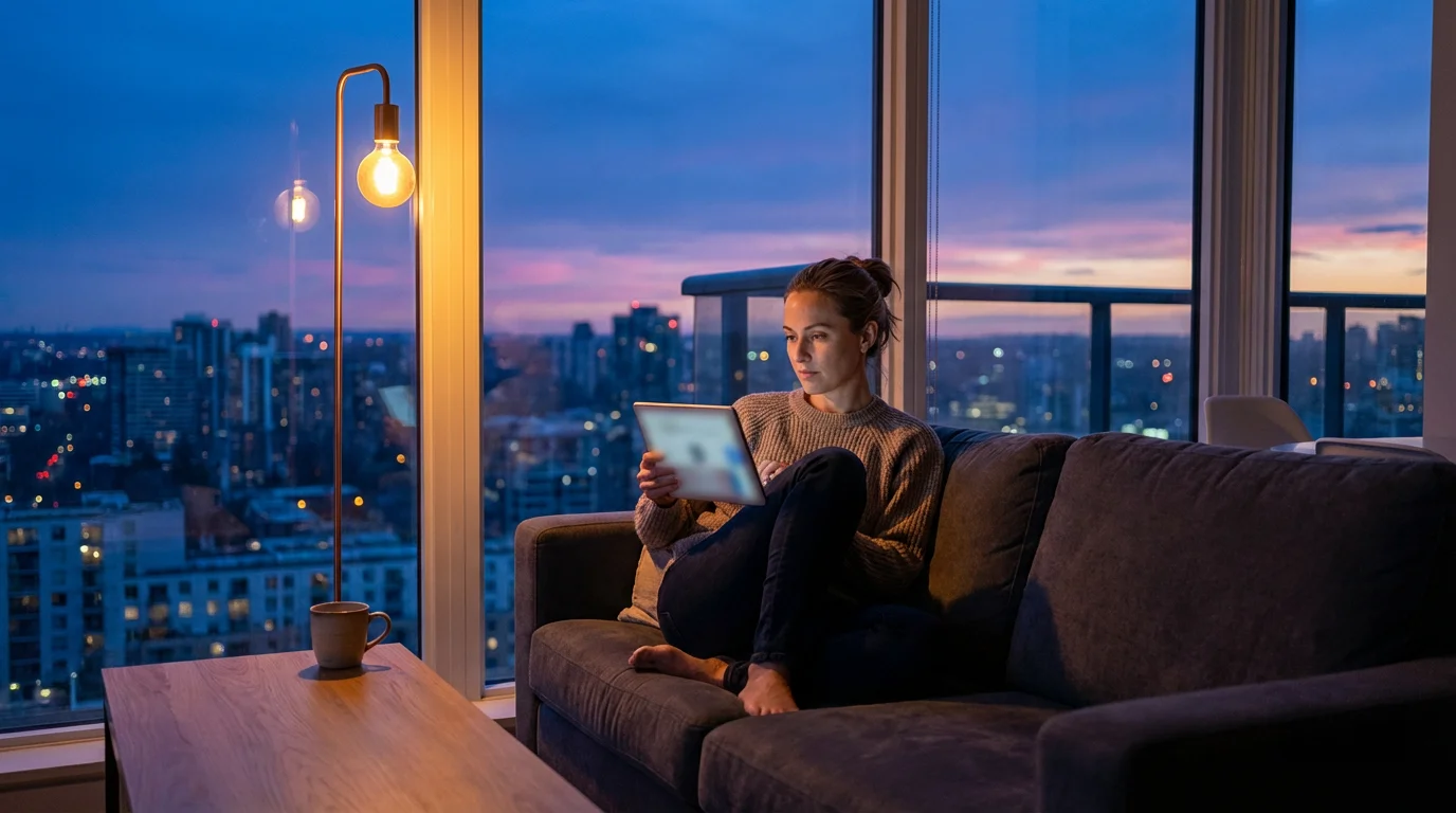 A woman uses a tablet for online banking in her apartment at dusk.