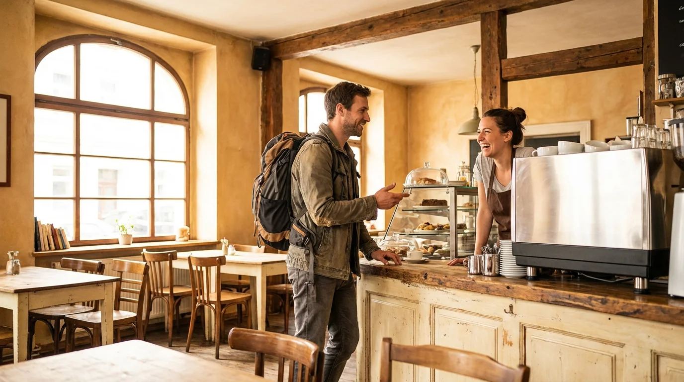 A young man practices a new language ordering coffee in a sunlit European cafe.