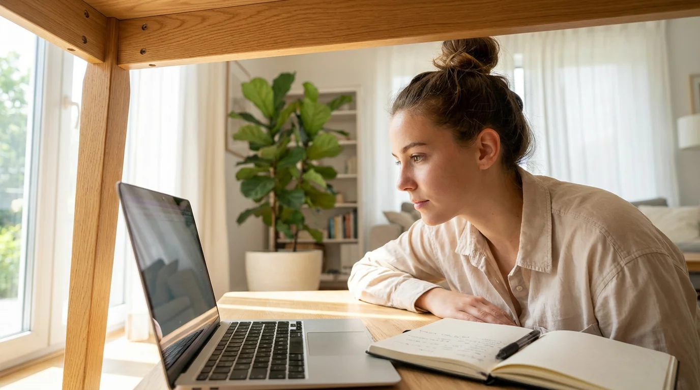 A young woman at a desk thoughtfully researching volunteer opportunities on her laptop.