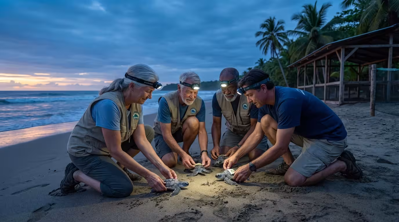 Active senior volunteers helping with sea turtle conservation on a beach at dusk.
