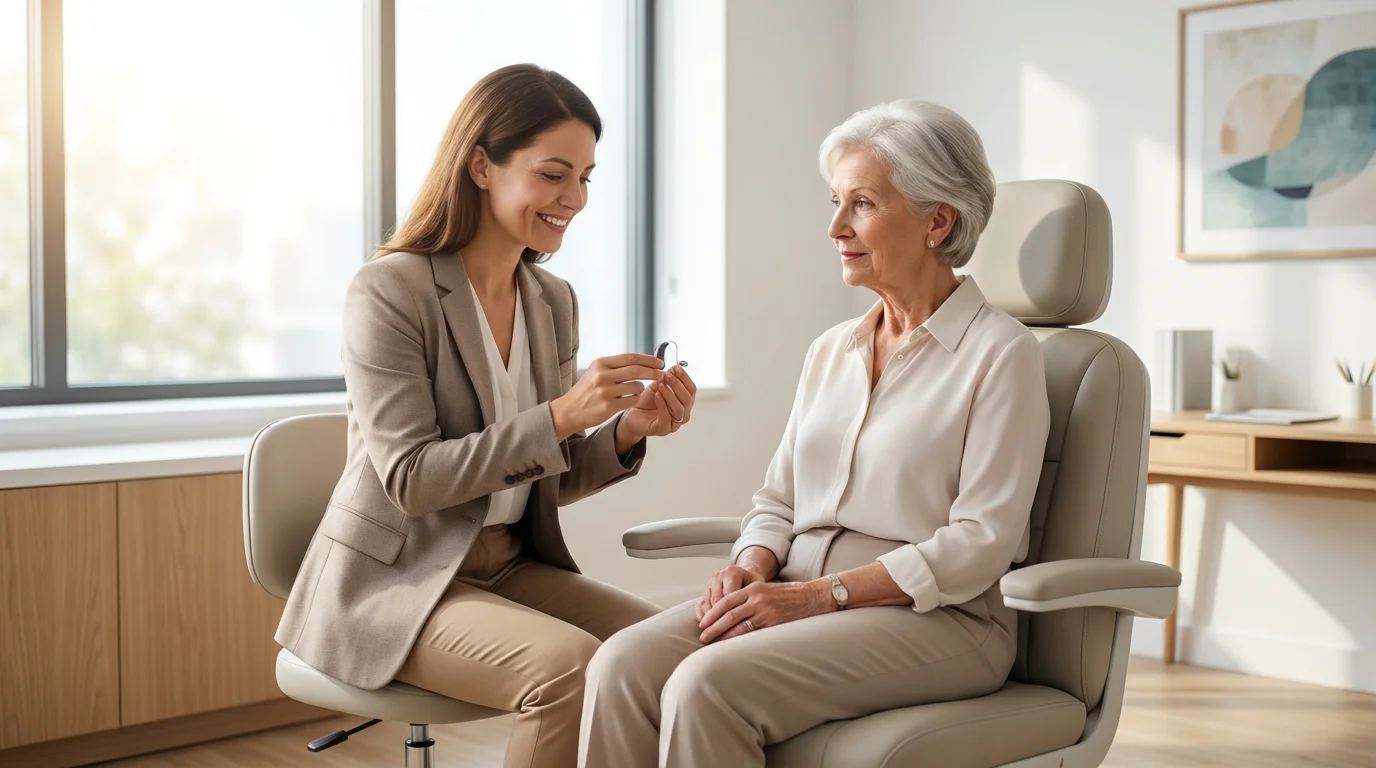 An audiologist shows a modern hearing aid to a senior woman in a bright office.