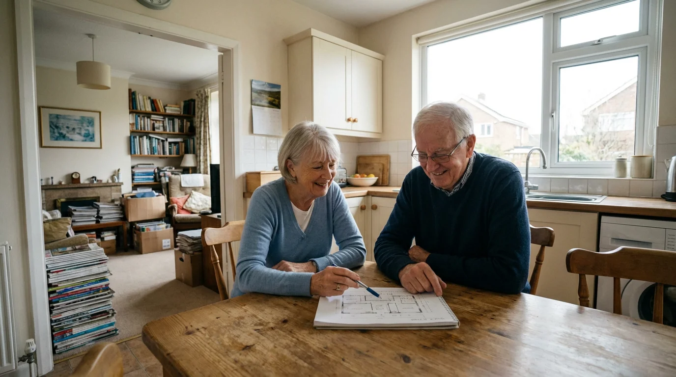 An elderly couple at their kitchen table, making a plan to declutter their home.