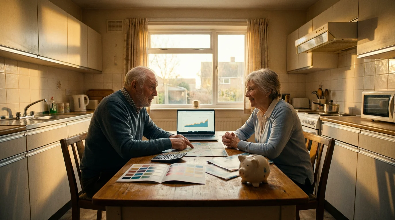 An elderly couple at their kitchen table with a piggy bank, planning their budget.