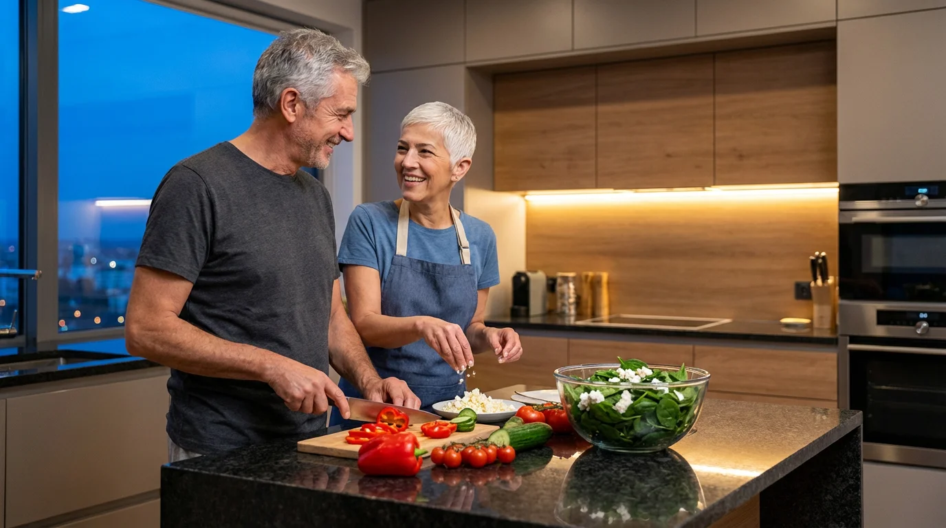 An elderly couple happily prepares a healthy, nutrient-rich salad in their modern evening kitchen.