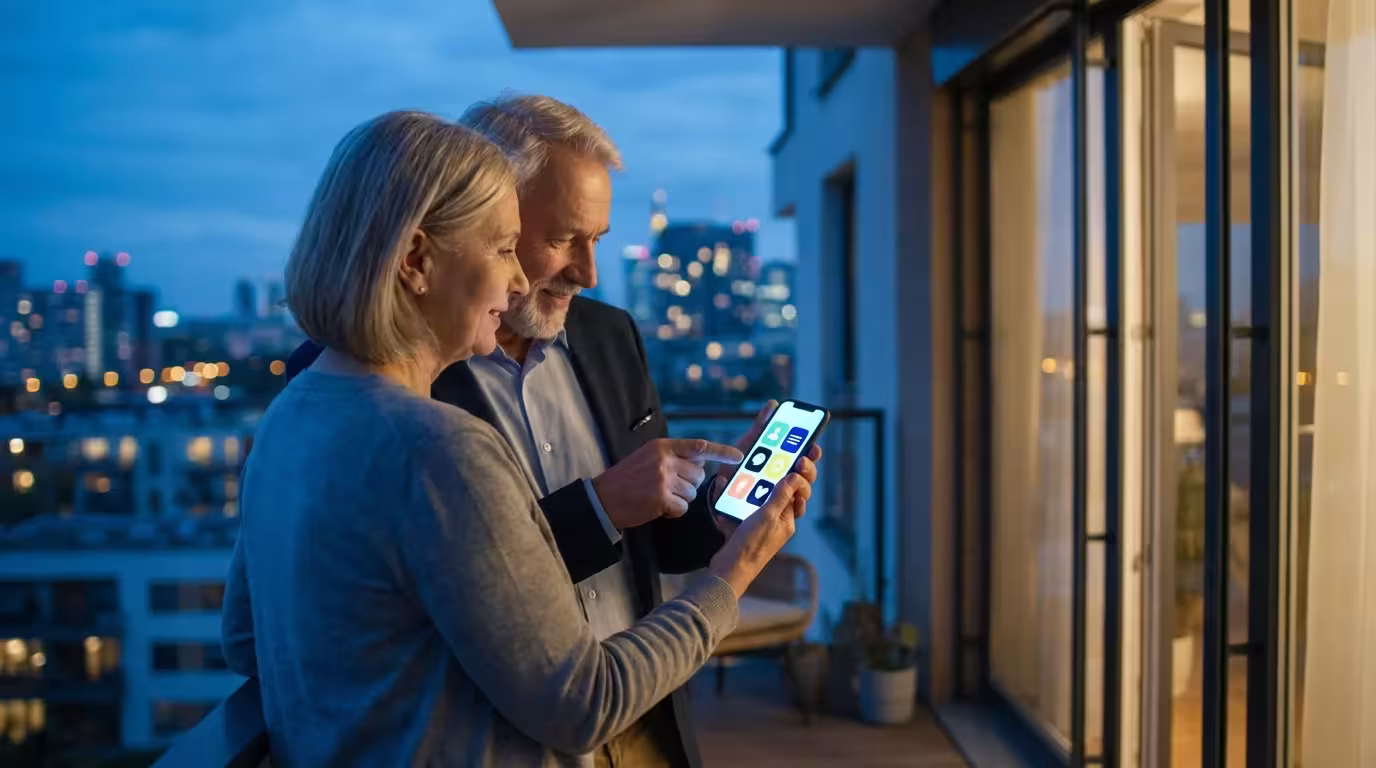 An elderly couple on a city balcony at dusk using smartphone visual accessibility features.