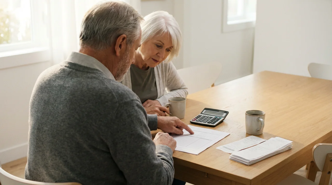 An elderly couple reviews paperwork and receipts with a calculator at their dining table.