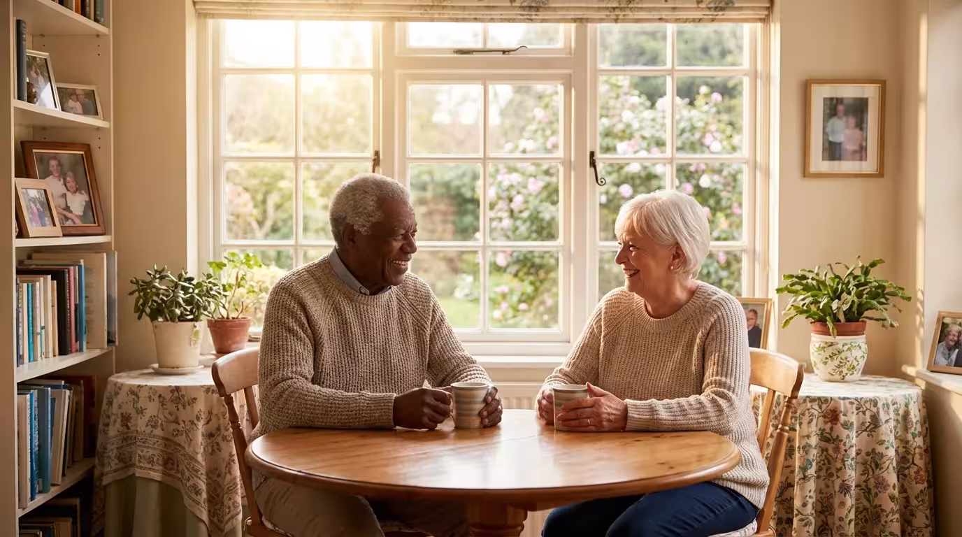 An elderly couple smiles warmly at each other while enjoying coffee in their sunlit kitchen.