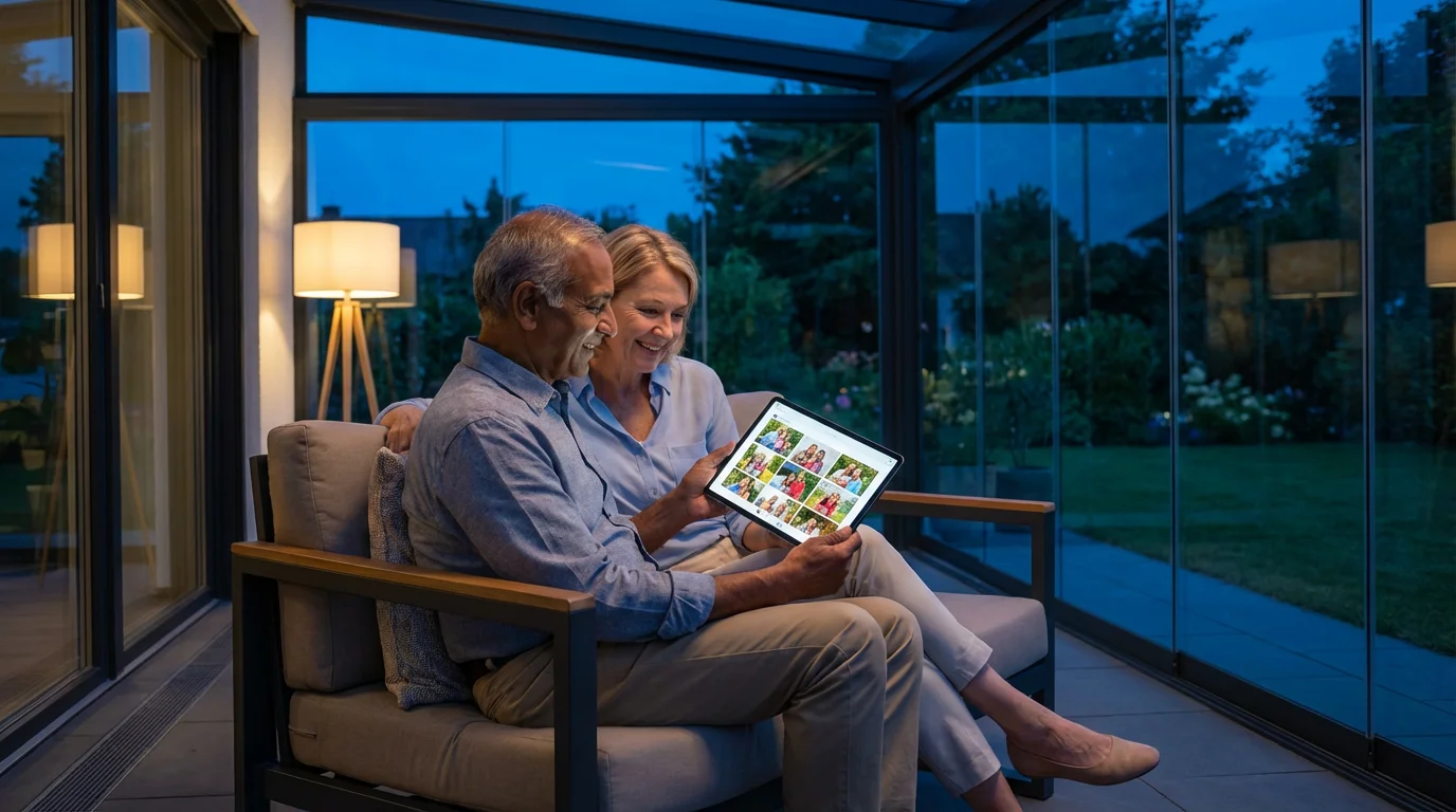 An elderly couple smiles while looking at a tablet on their glass patio at dusk.