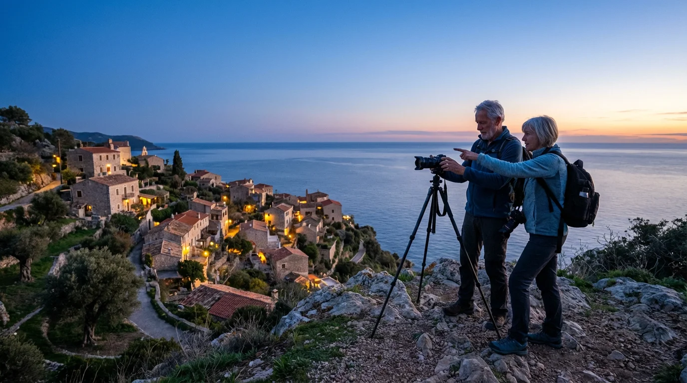 An elderly couple uses a camera on a tripod to photograph a coastal village.