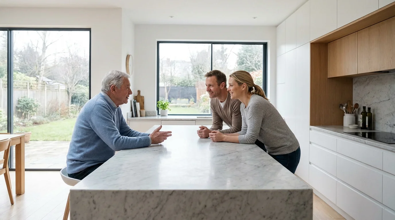 An elderly father talks with his adult son and daughter-in-law in a modern kitchen.