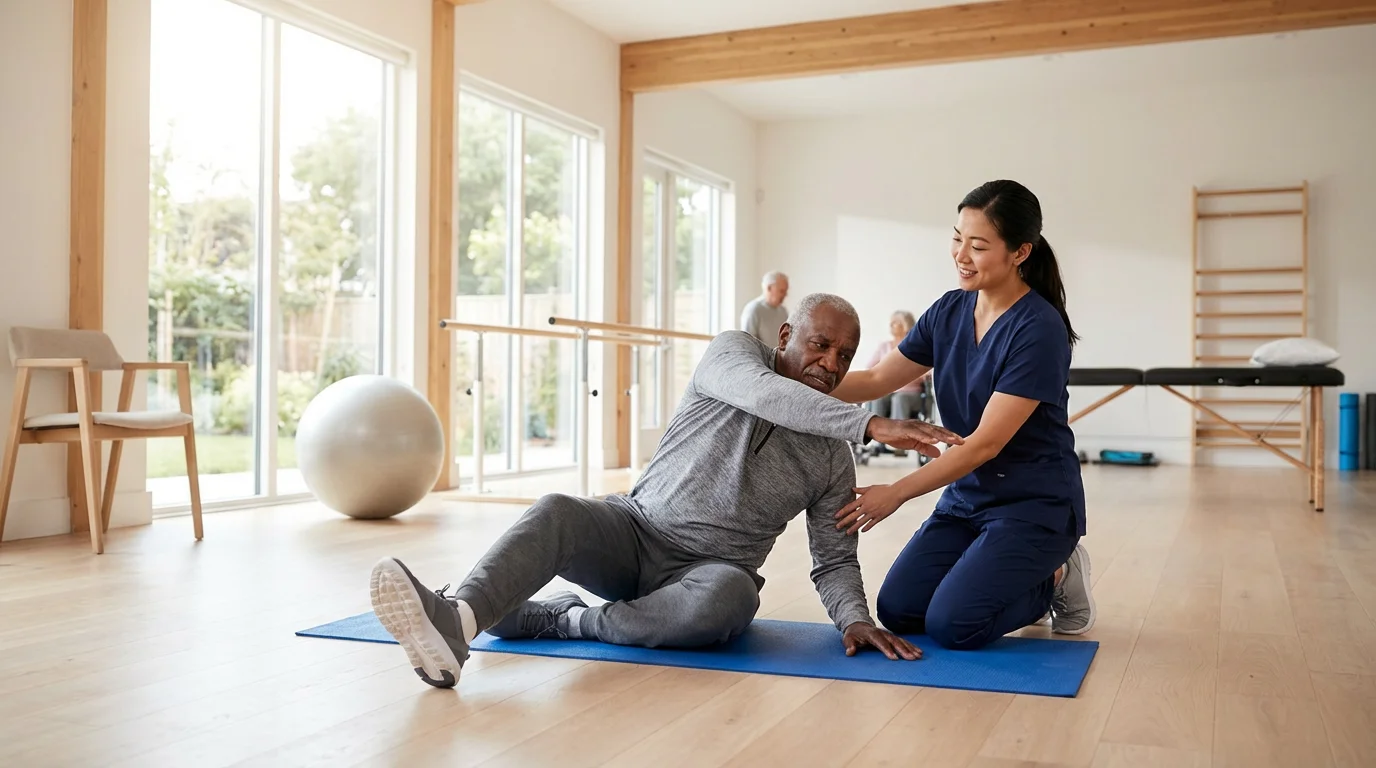 An elderly man and a physical therapist work together on exercises in a sunlit clinic.