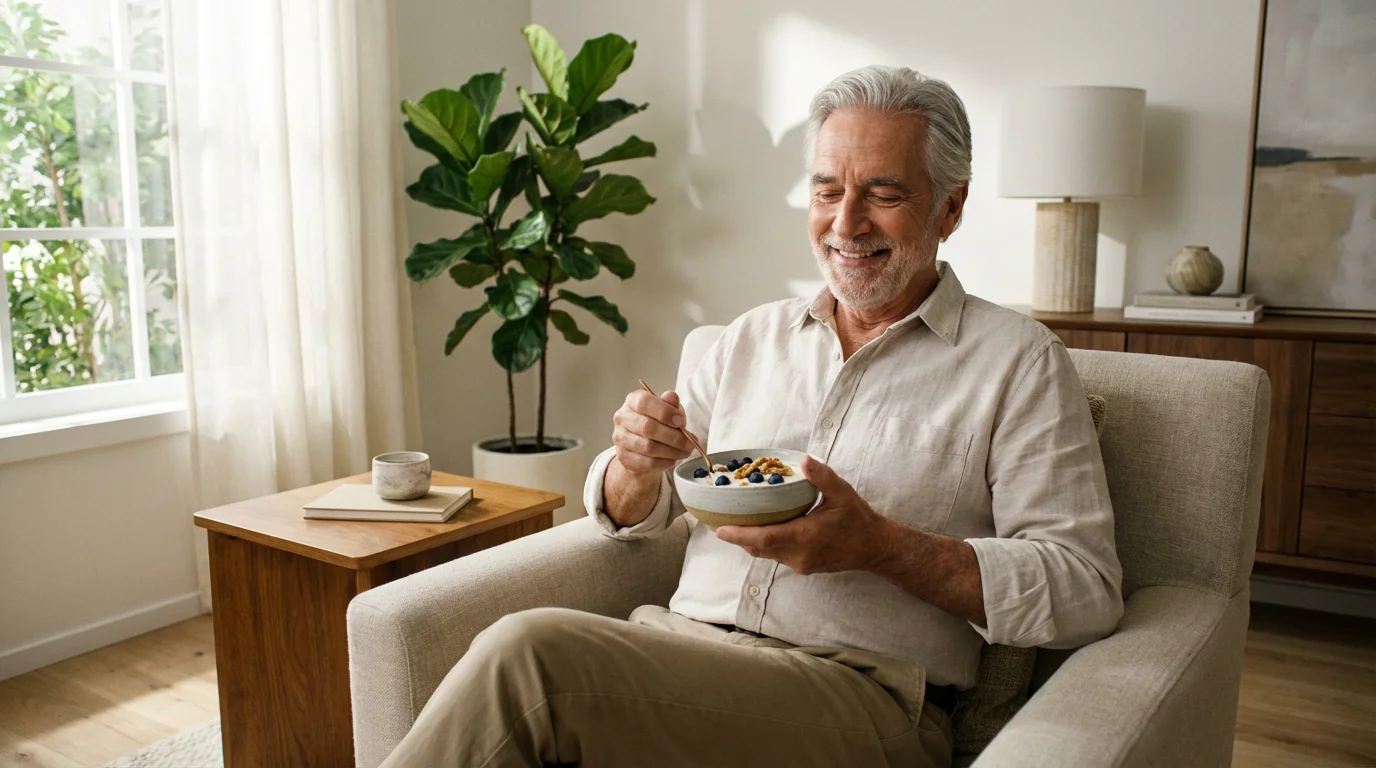 An elderly man enjoys a healthy bowl of yogurt with berries in a sunlit room.