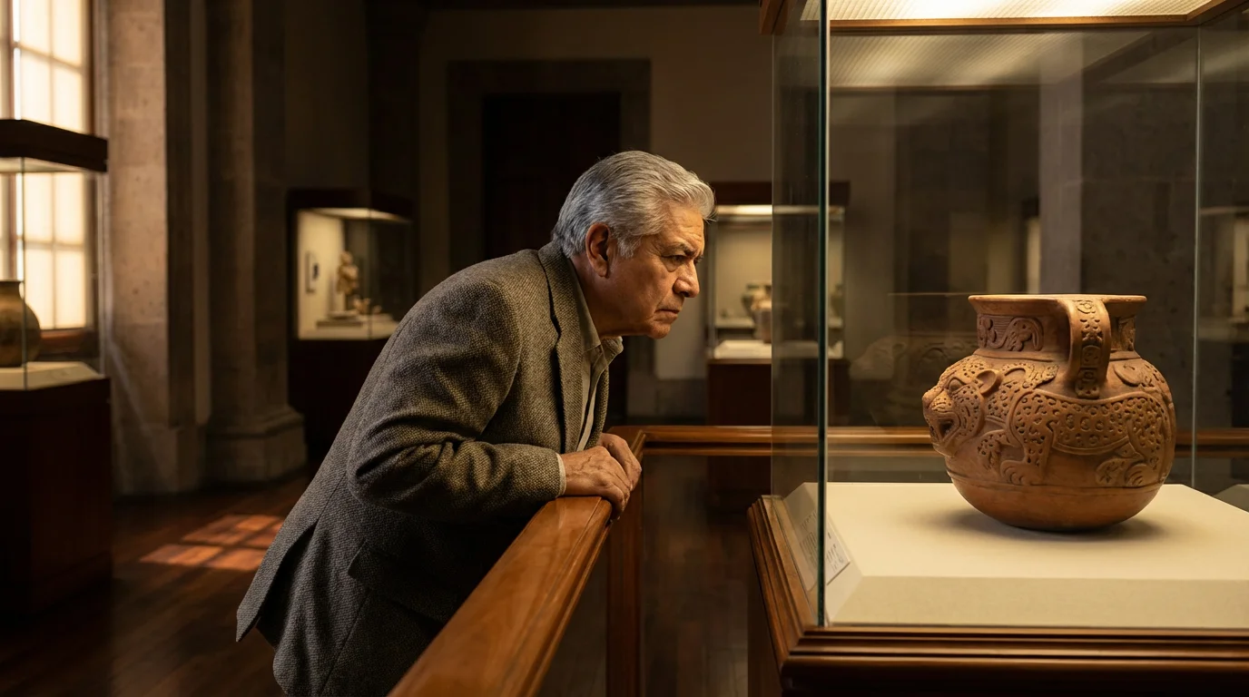 An elderly man examining an ancient pottery artifact in a history museum display case.