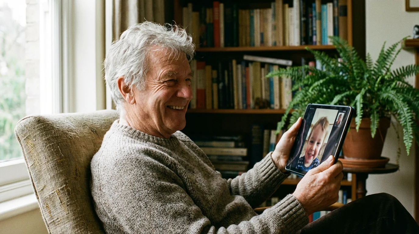 An elderly man happily video-chatting with his grandchild on a tablet in his living room.