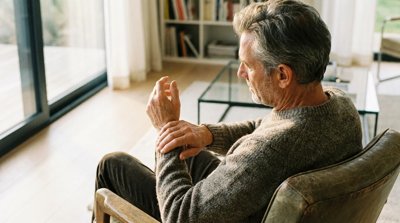 An elderly man sits by a window in the morning, massaging his hand.