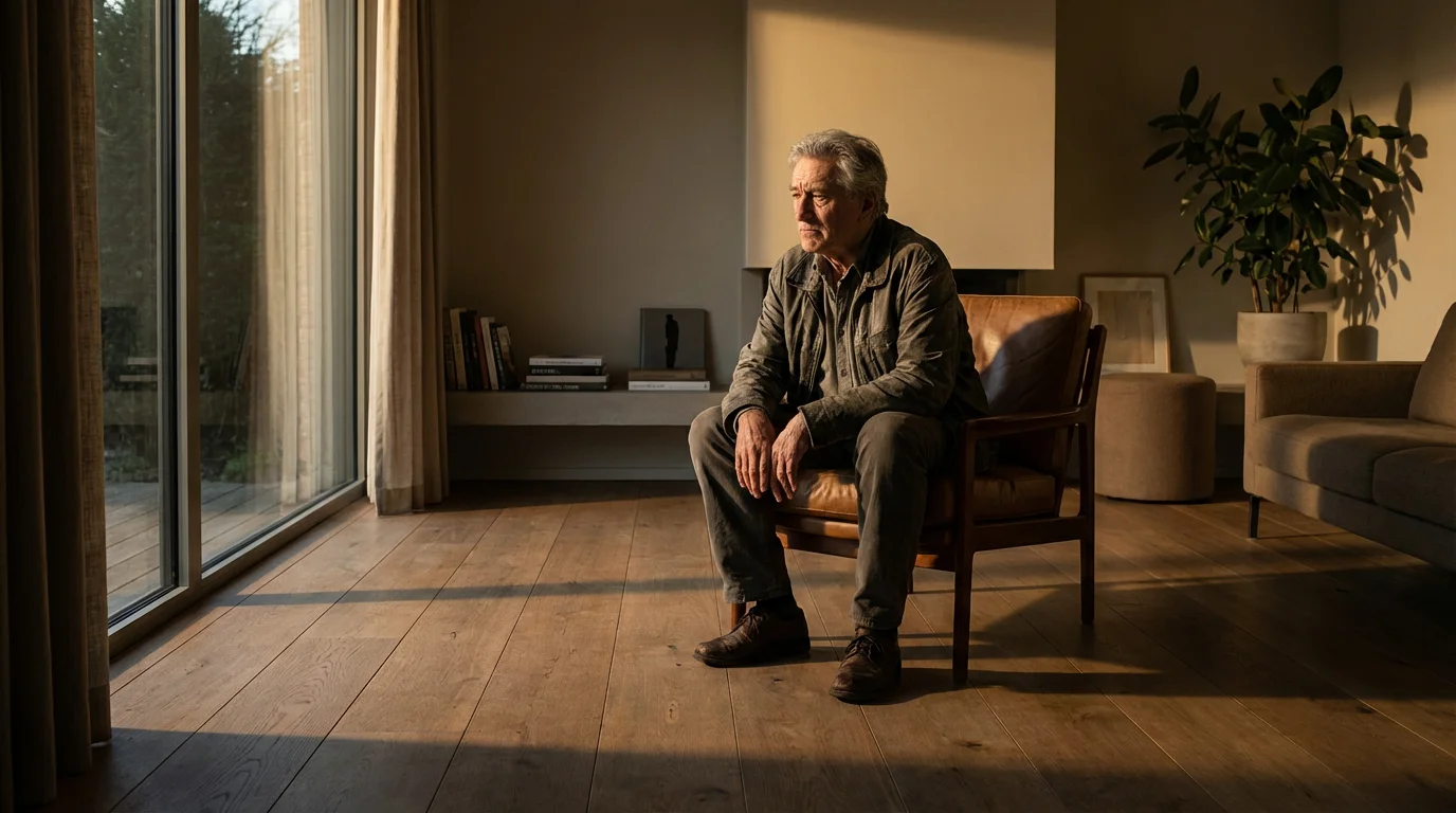 An elderly man sitting alone in an armchair, looking thoughtfully out a sunlit window.