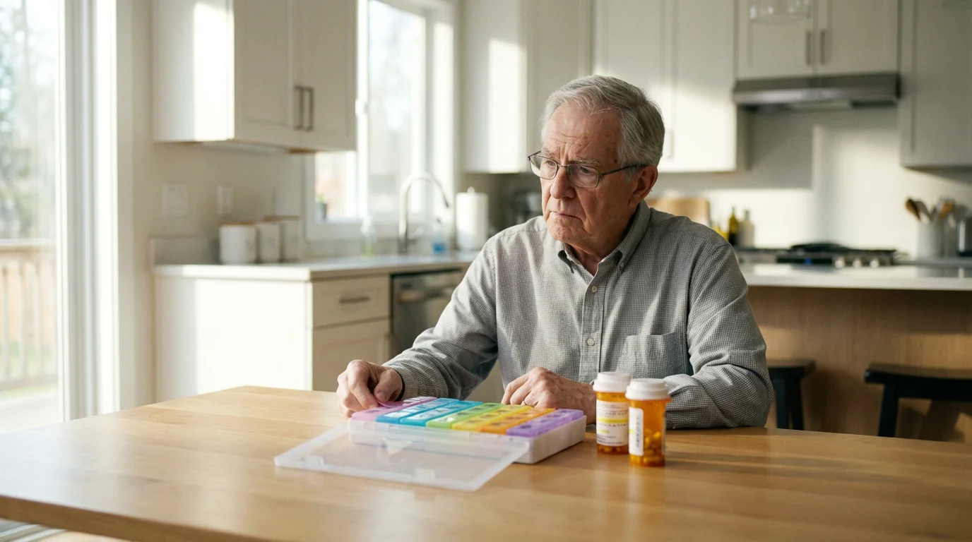An elderly man sitting at a kitchen table thoughtfully reviewing his weekly pill organizer.