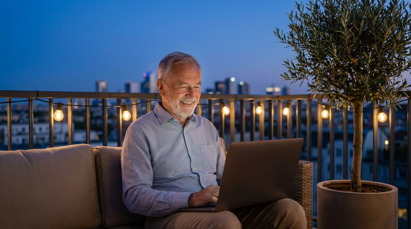 An elderly man smiles while on a video call on his laptop on a city balcony at twilight.