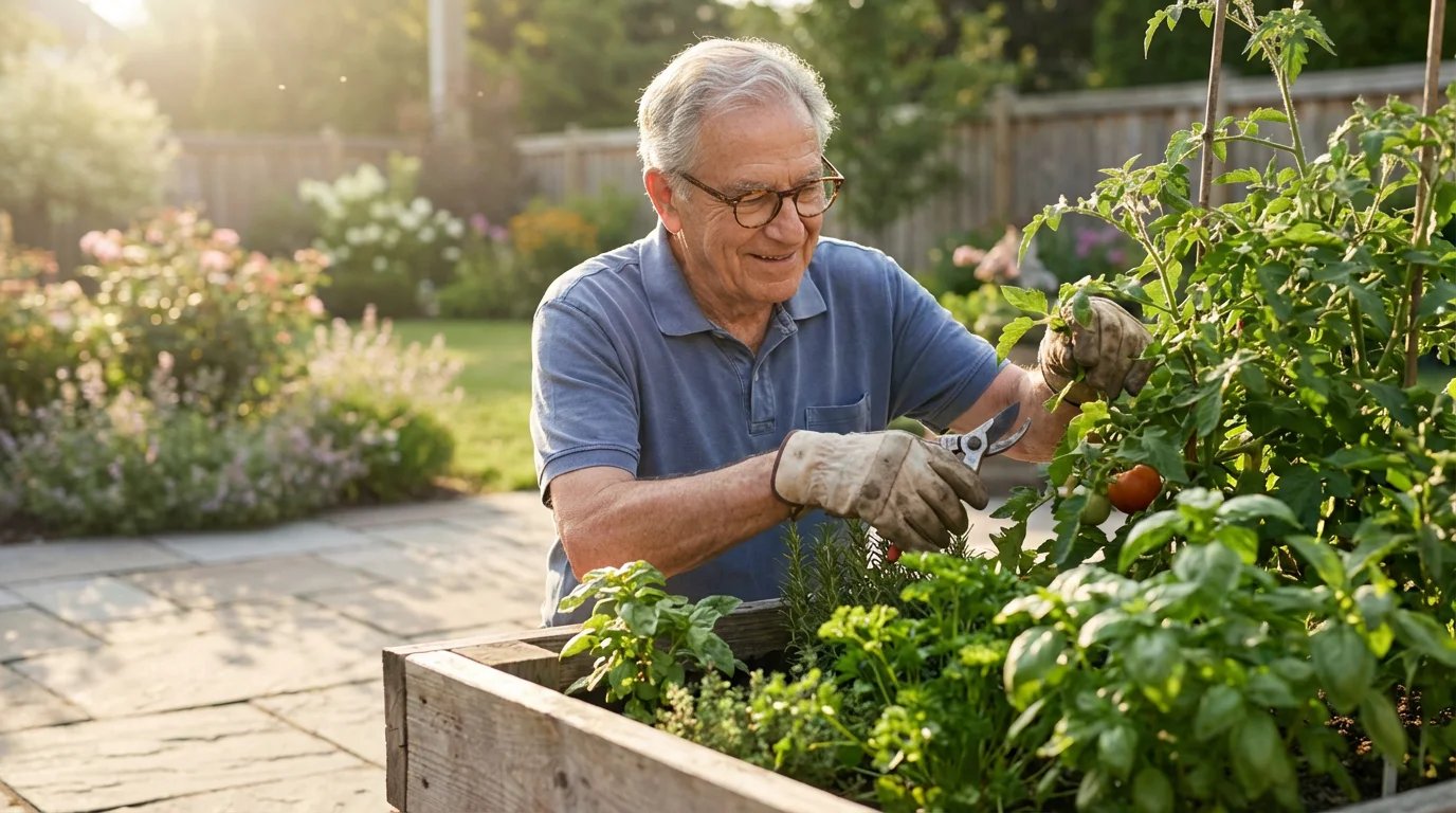 An elderly man smiling while comfortably tending to his waist-high raised garden bed.