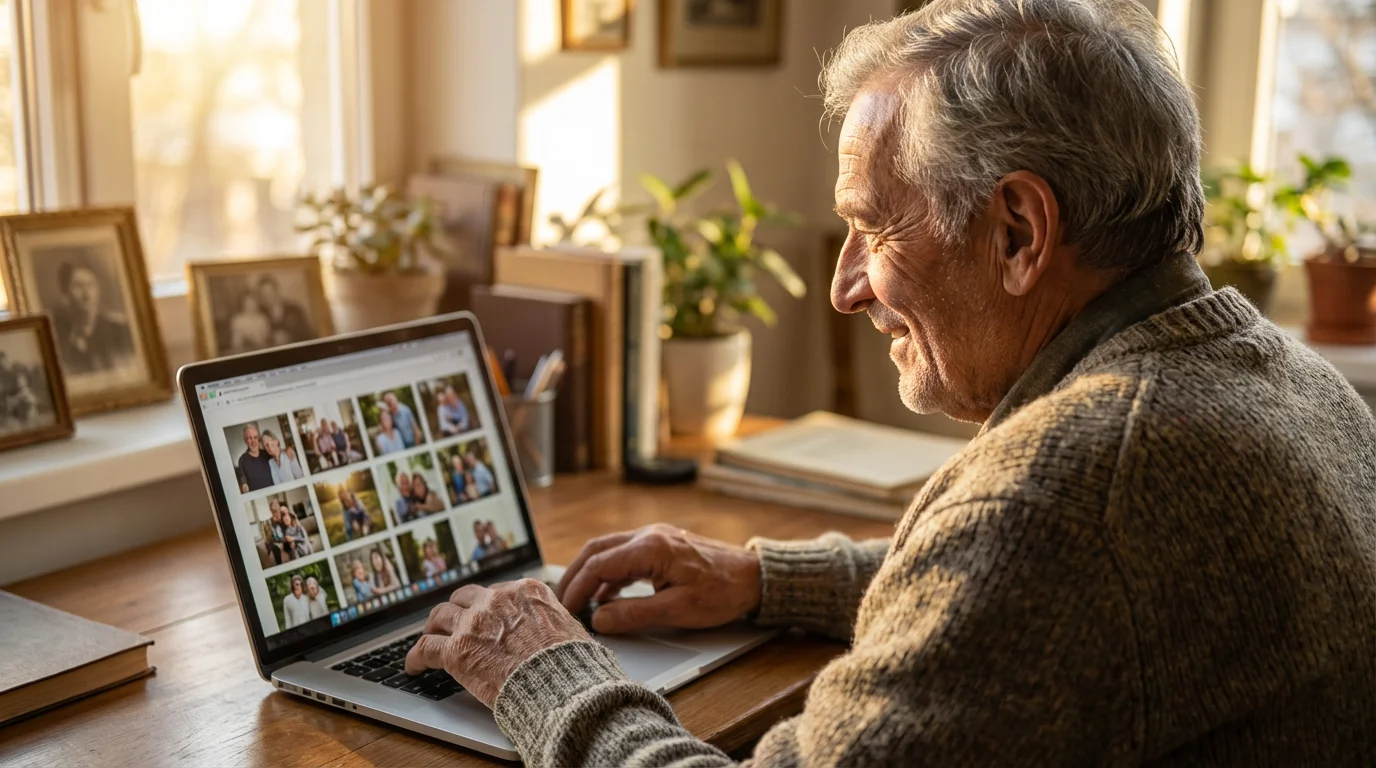 An elderly man smiling while looking at family photos on a laptop at home.
