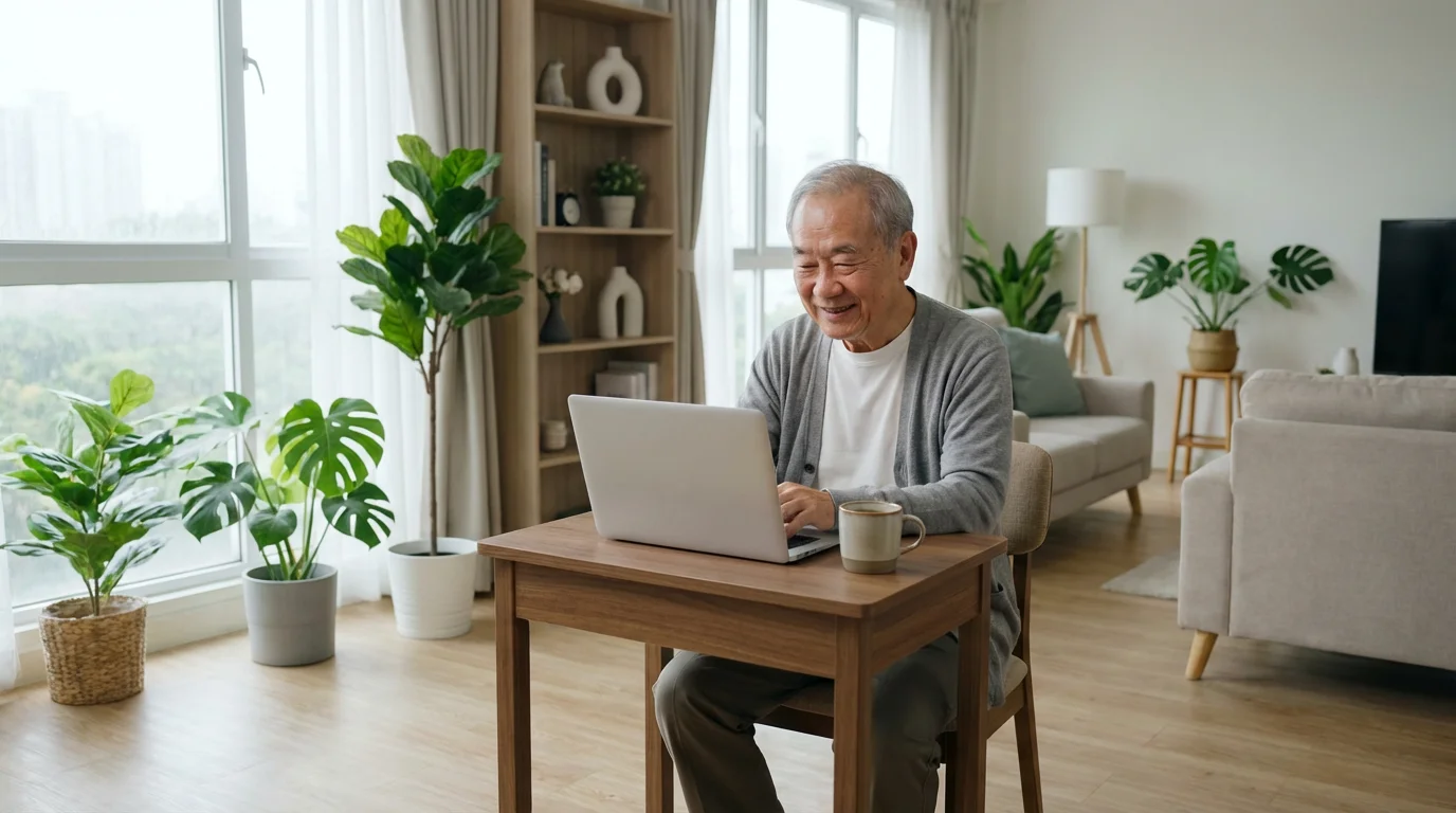 An elderly man smiling while using a laptop for online learning in his living room.