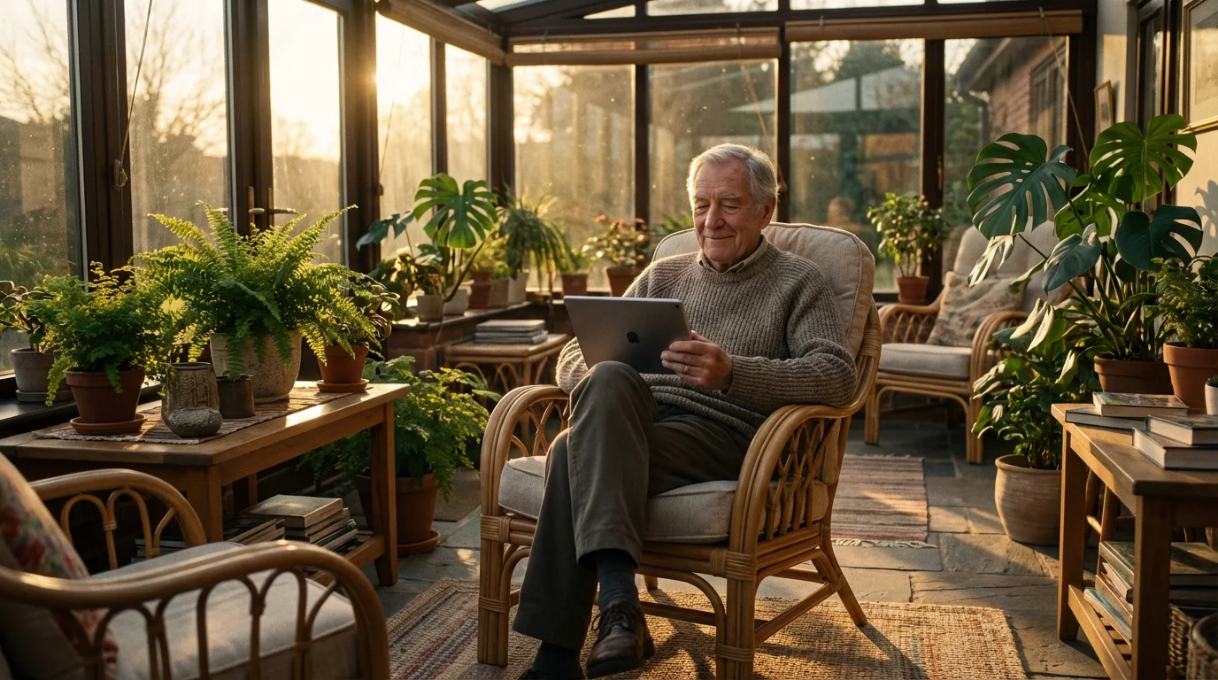 An elderly man using a tablet device in a beautiful, sun-drenched sunroom at golden hour.