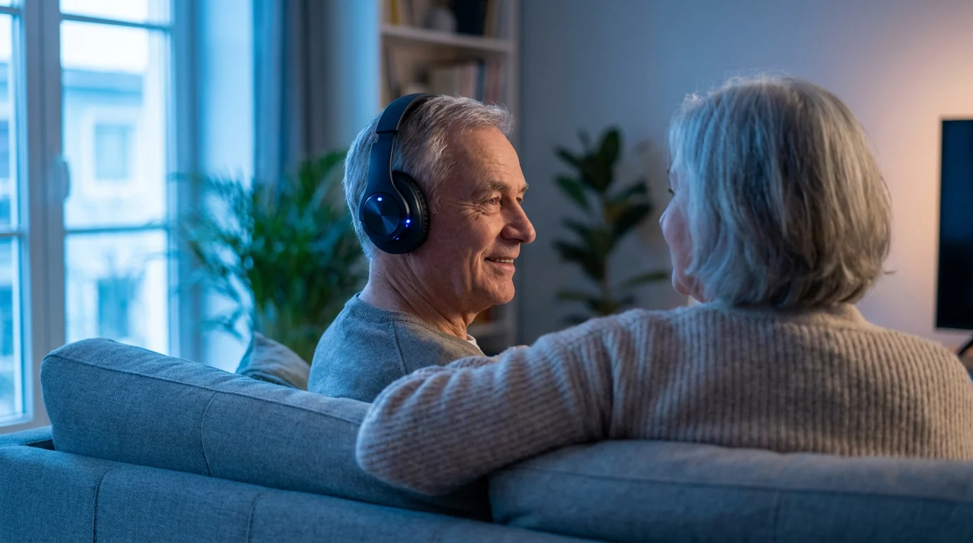 An elderly man wearing wireless TV headphones sits on a couch with his wife.