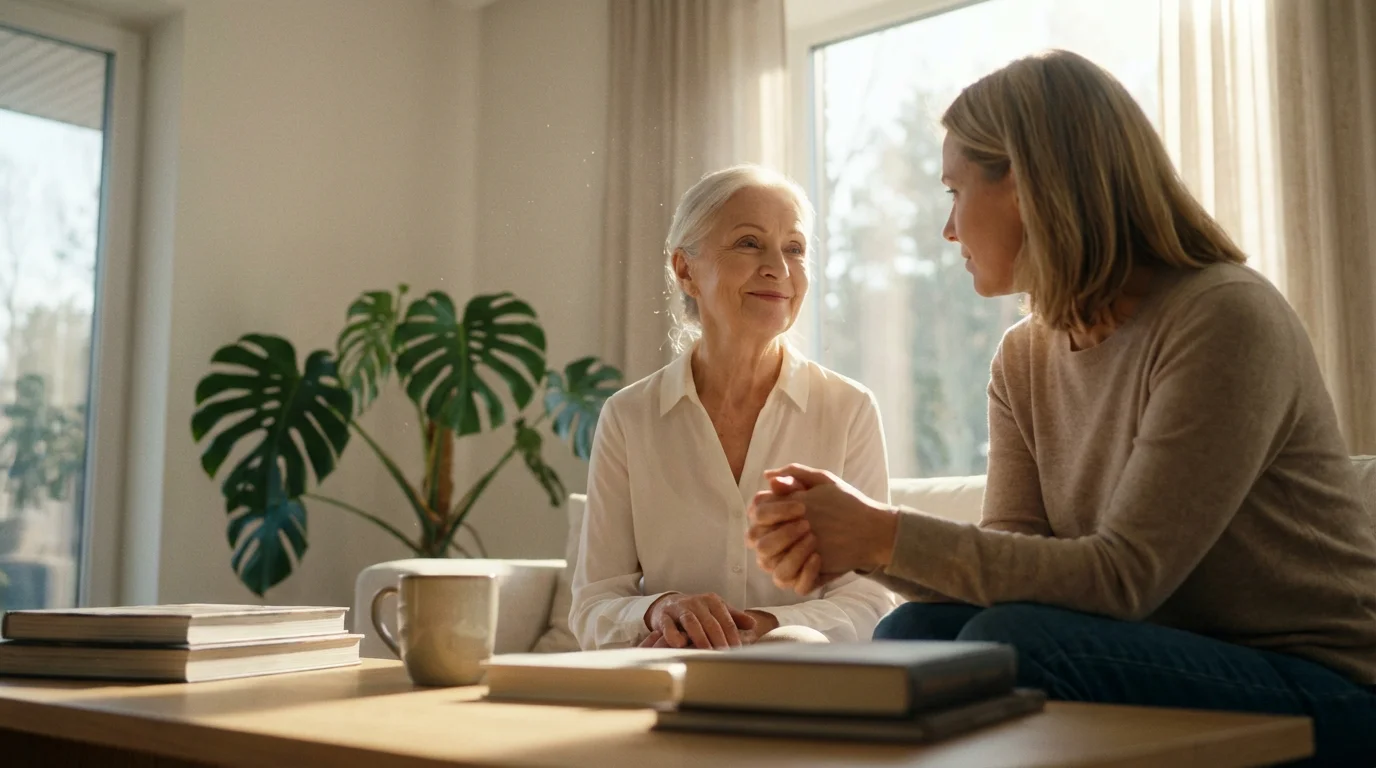 An elderly mother and her adult daughter having a heartfelt conversation in a sunlit room.