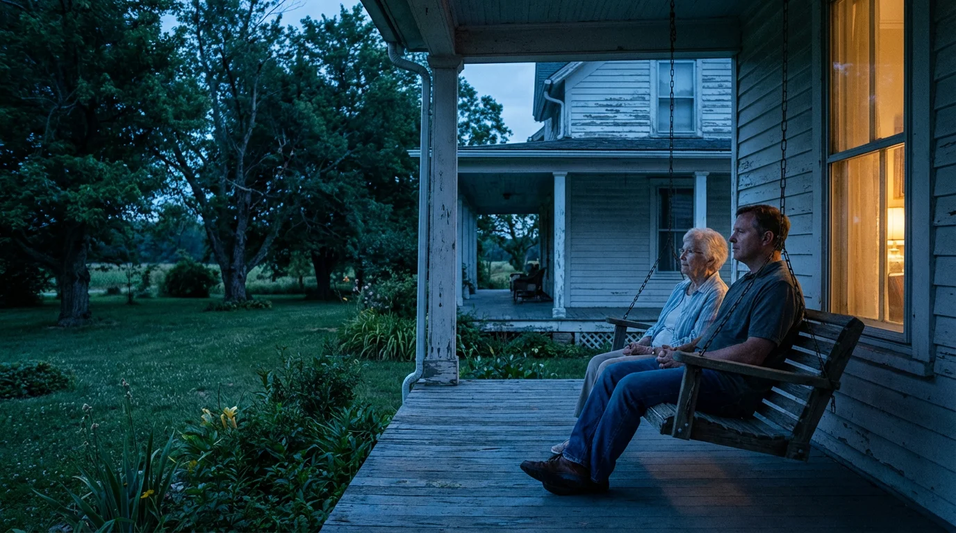 An elderly mother and her adult son sit on their home's porch at twilight.