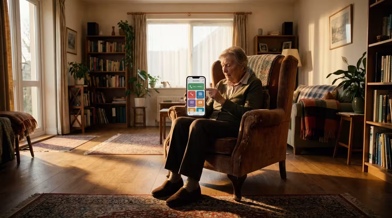 An elderly person uses a smartphone with accessibility features in a sunlit living room.