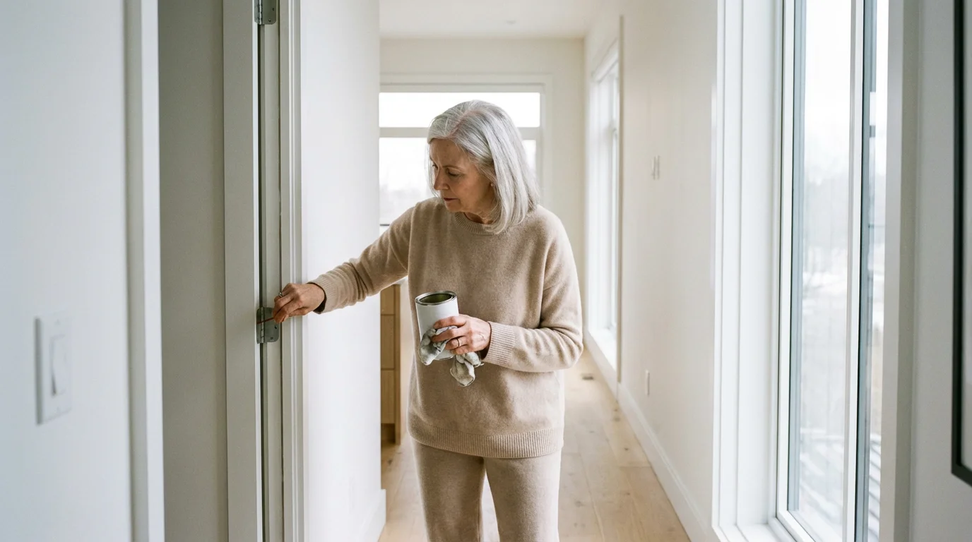 An elderly woman carefully lubricating a white door hinge in a brightly lit, modern hallway.