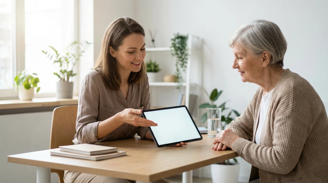 An elderly woman in a consultation with a female nutritionist in a sunlit office.